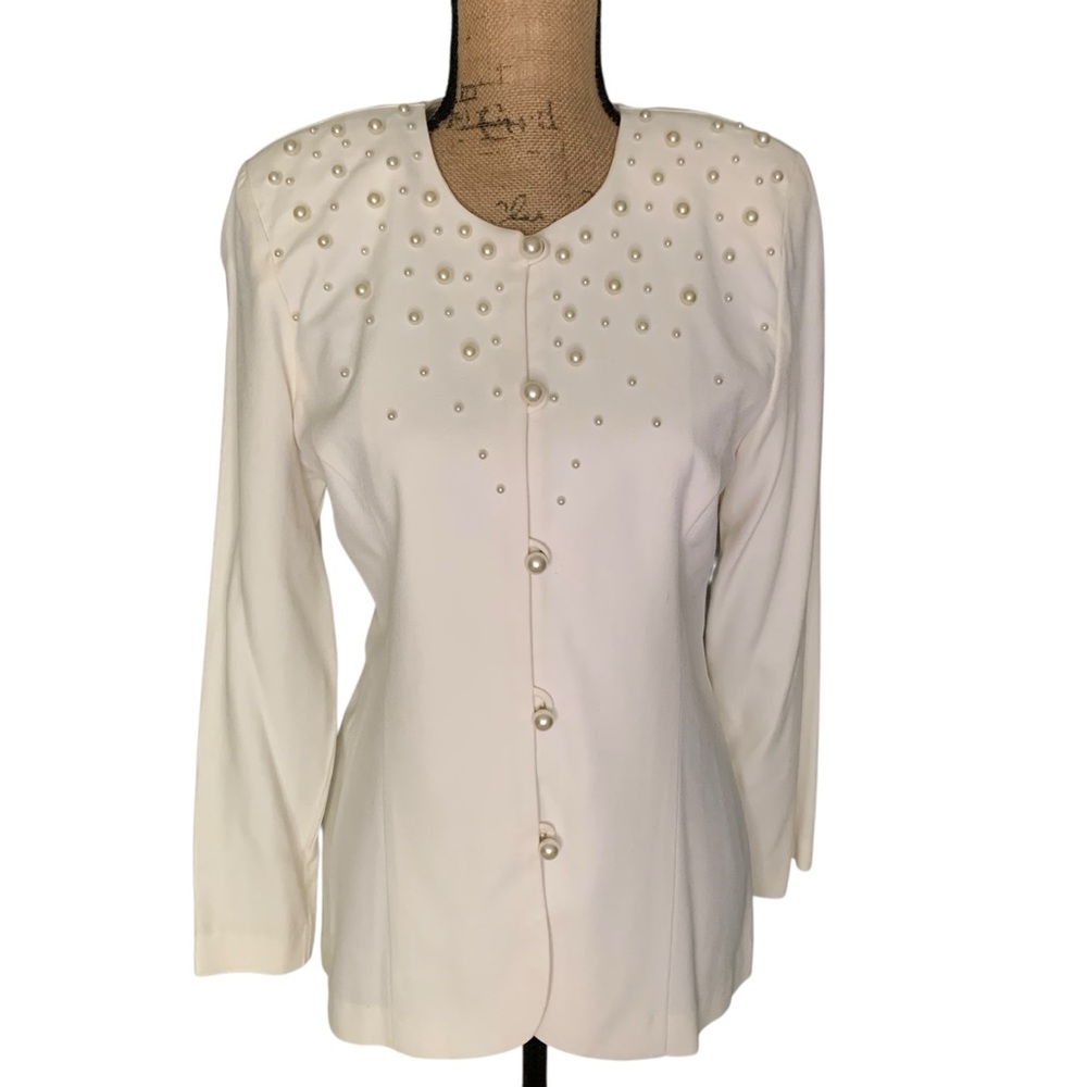 Elegant Pearl-Embellished Cream Blazer/Skirt Set